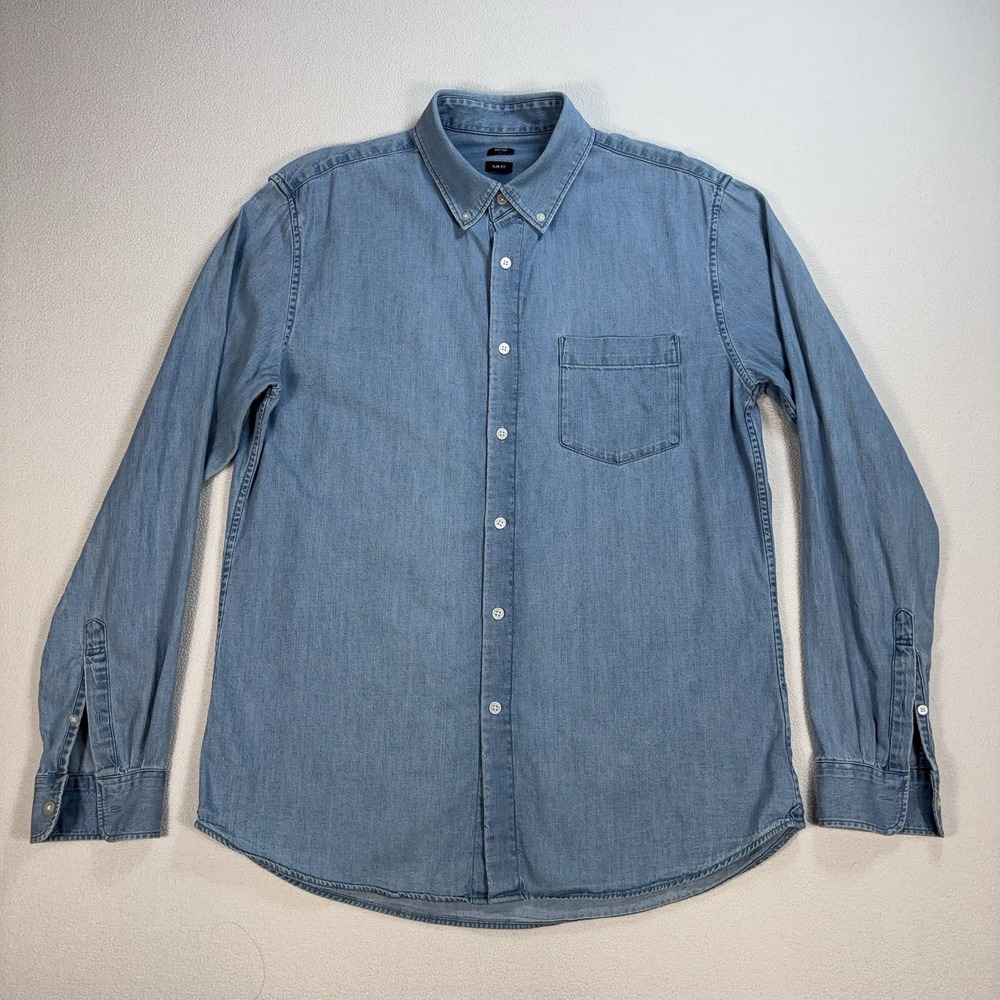 Uniqlo Denim Shirt Men's L Light Blue Slim Fit 100% Cotton Pocket Button Down
